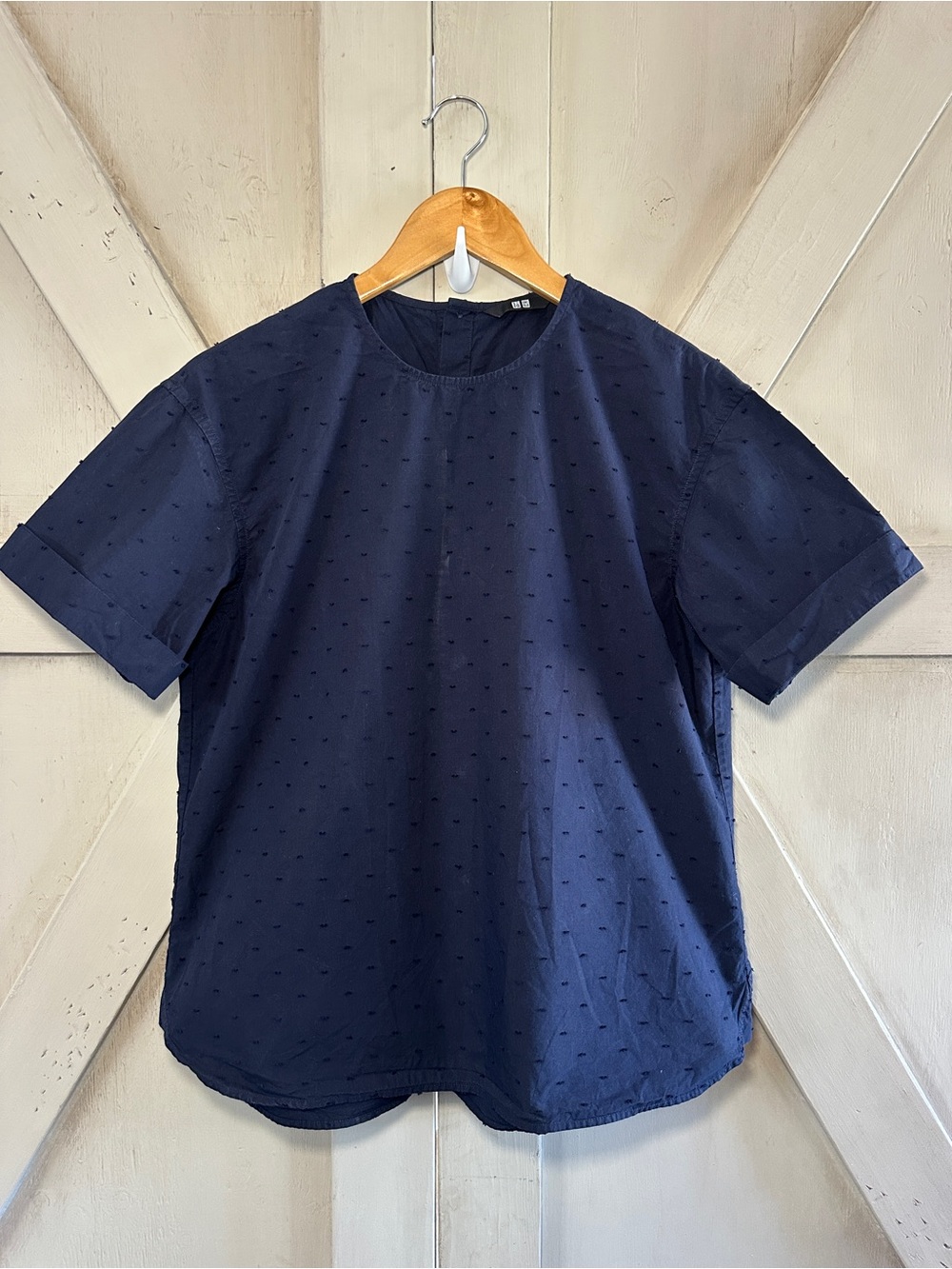 Uniqlo Navy Swiss Dot Cotton Blouse Top Short Sleeve Button Back Size M